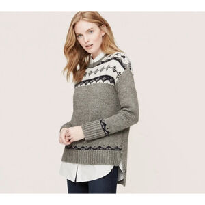LOFT Fair Isle Wool Mohair Sweater Gray White Knit Crew Neck Pullover Medium